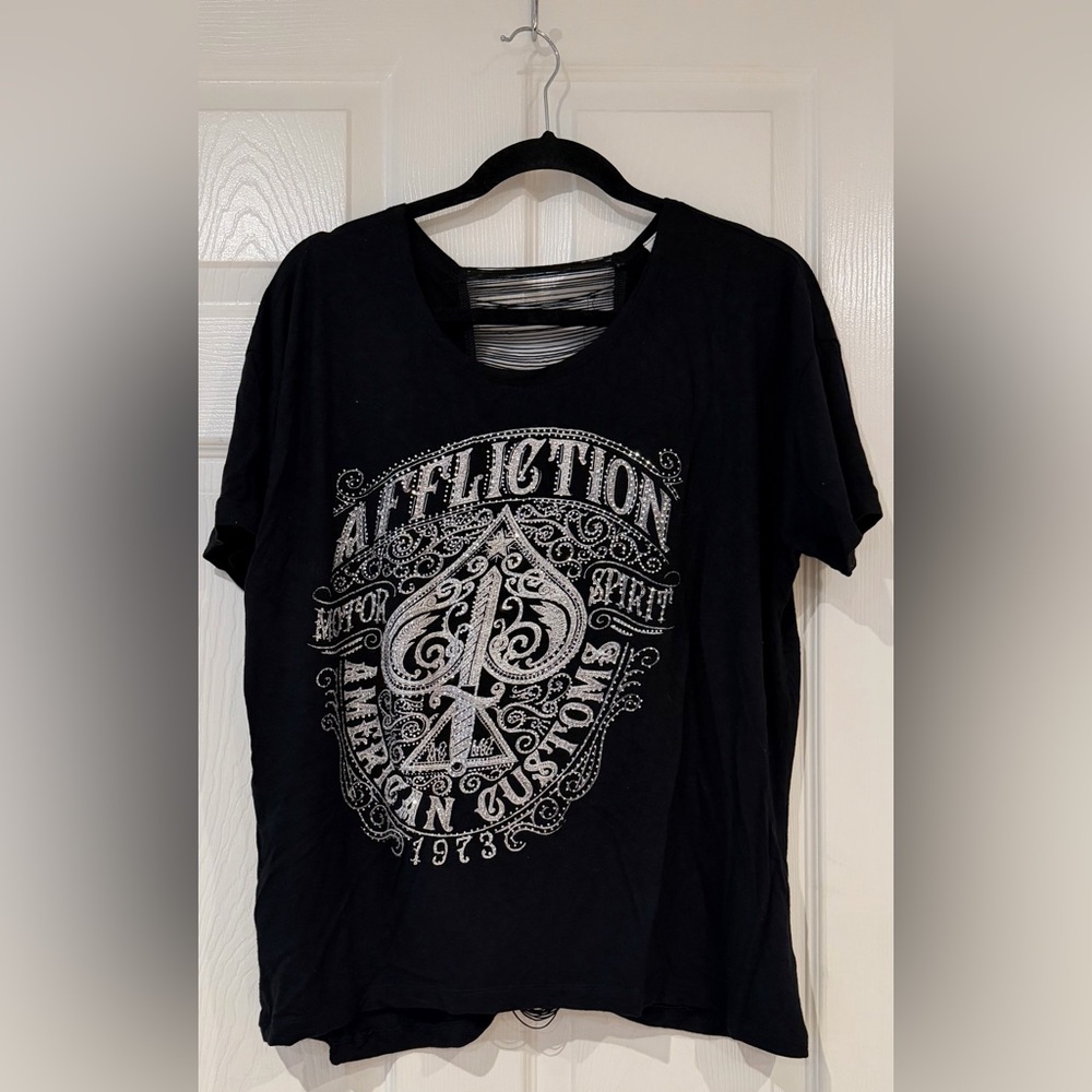 Women's Affliction Death Spade Rhinestone Thrashed Back Bling Tee Oversized S - Picture 2 of 7